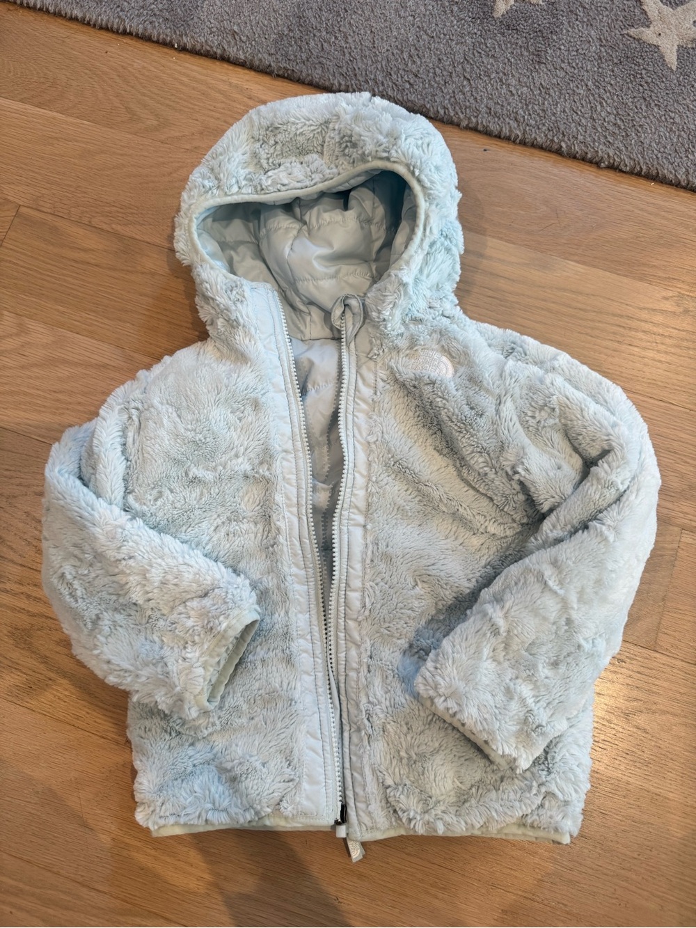 The North Face Reversible Light Blue Faux Fur Hooded Puffer (4-5T)